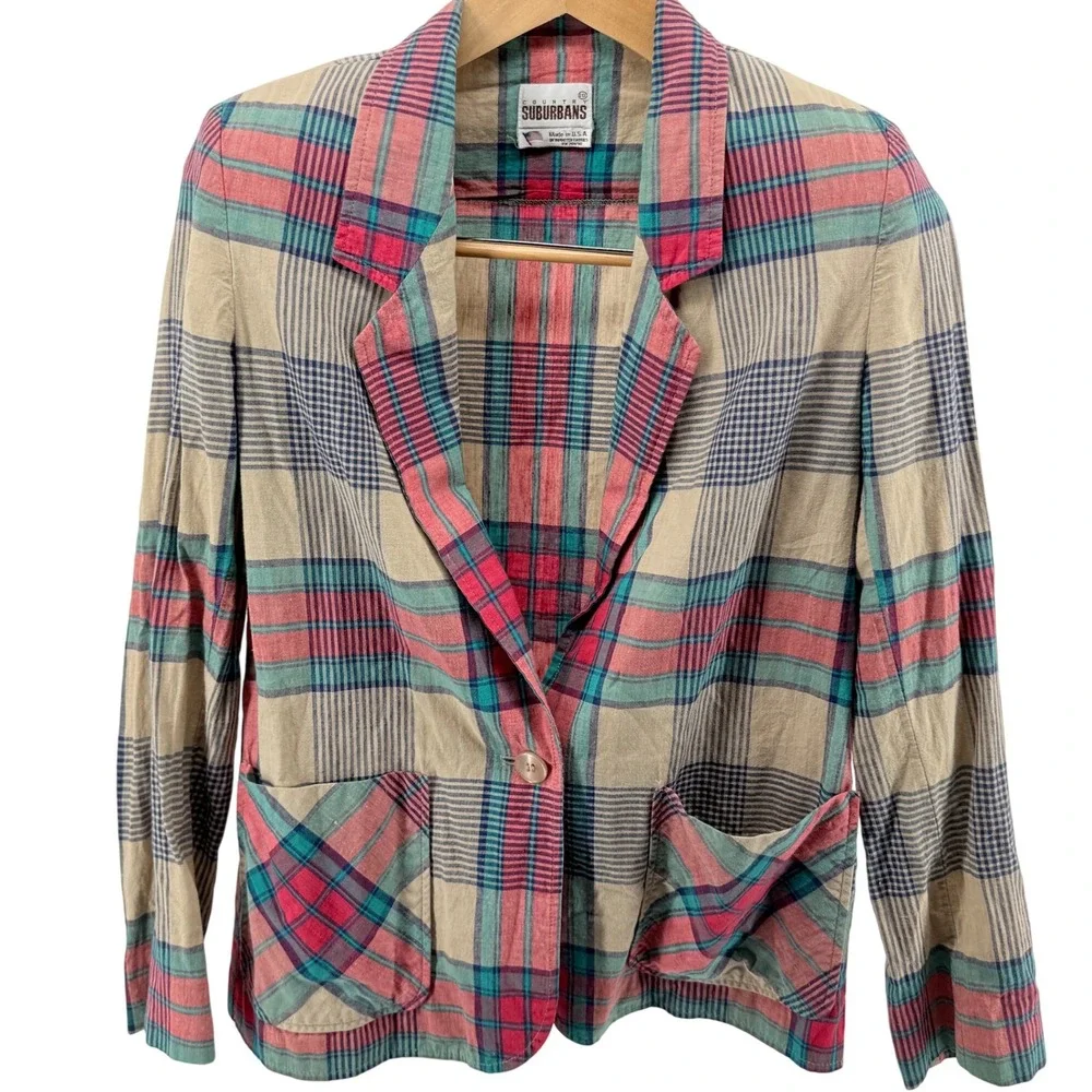 Vintage Country Suburbans Plaid Blazer USA‎ Made Casual Career One Button sz10